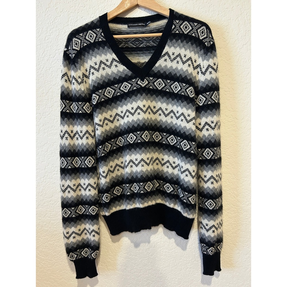 Alexander McQueen Sweater Size M Black White Fair Isle V-Neck Knit Italy Preppy